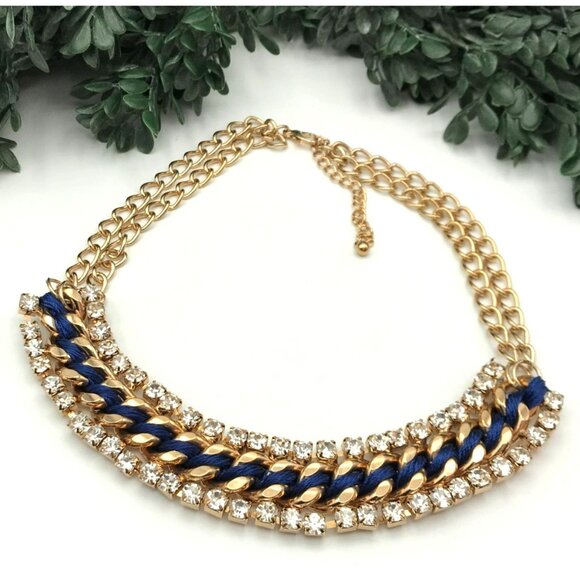 Vintage Style Statement Necklace Gold Tone Chain With Crystal Rhinestone and blu - Picture 2 of 6